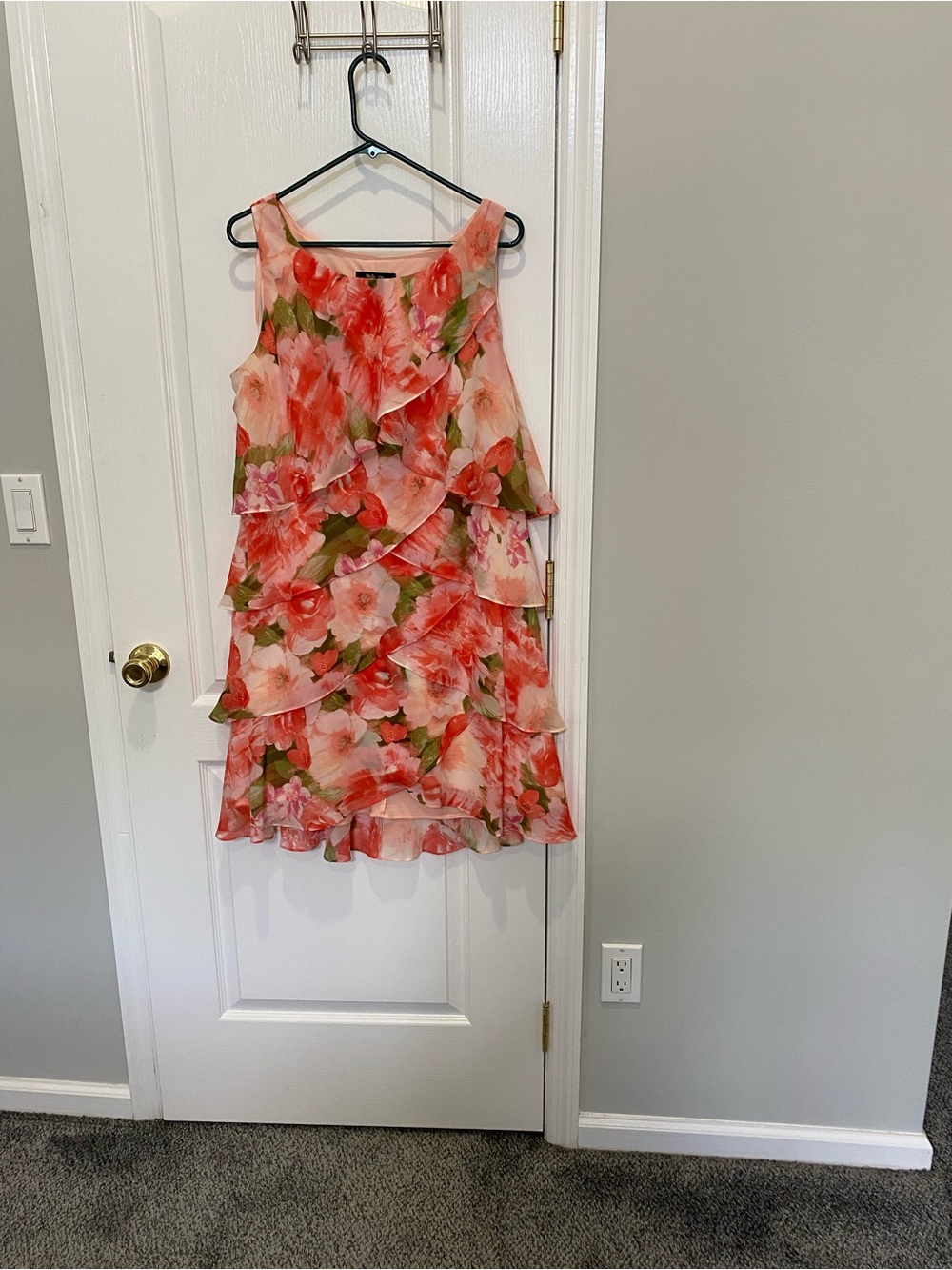 Style & Co. Coral Pink Floral Ruffle A-Line Dress with Green Accents